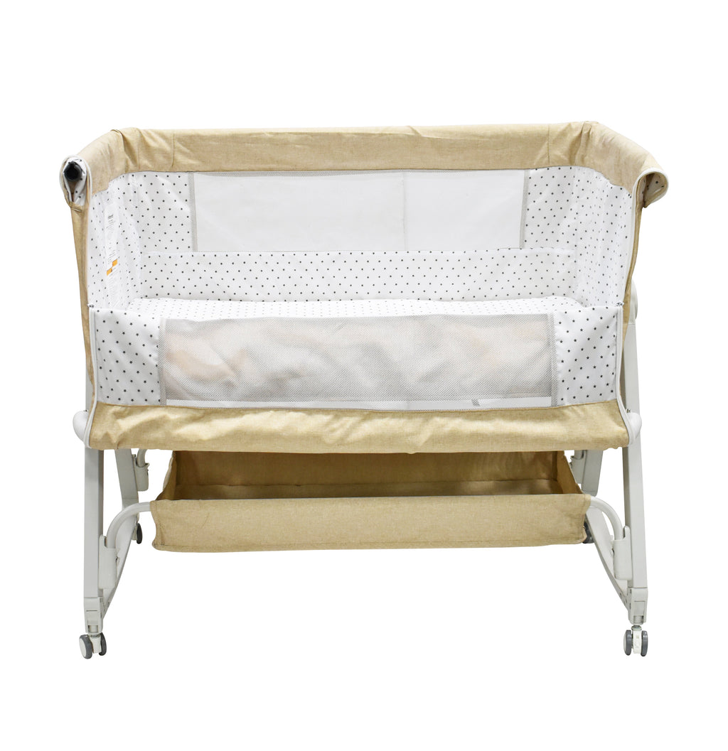Cuna de Colecho Davy Beige Con Mosquitero y Toldo, Mecedora, Colchoneta, Lateral Abatible, Correas de Seguridad, Alturas Ajustables, Inclinación Antirreflujo, Estructura de Metal, Hasta 15 kg, Infanti