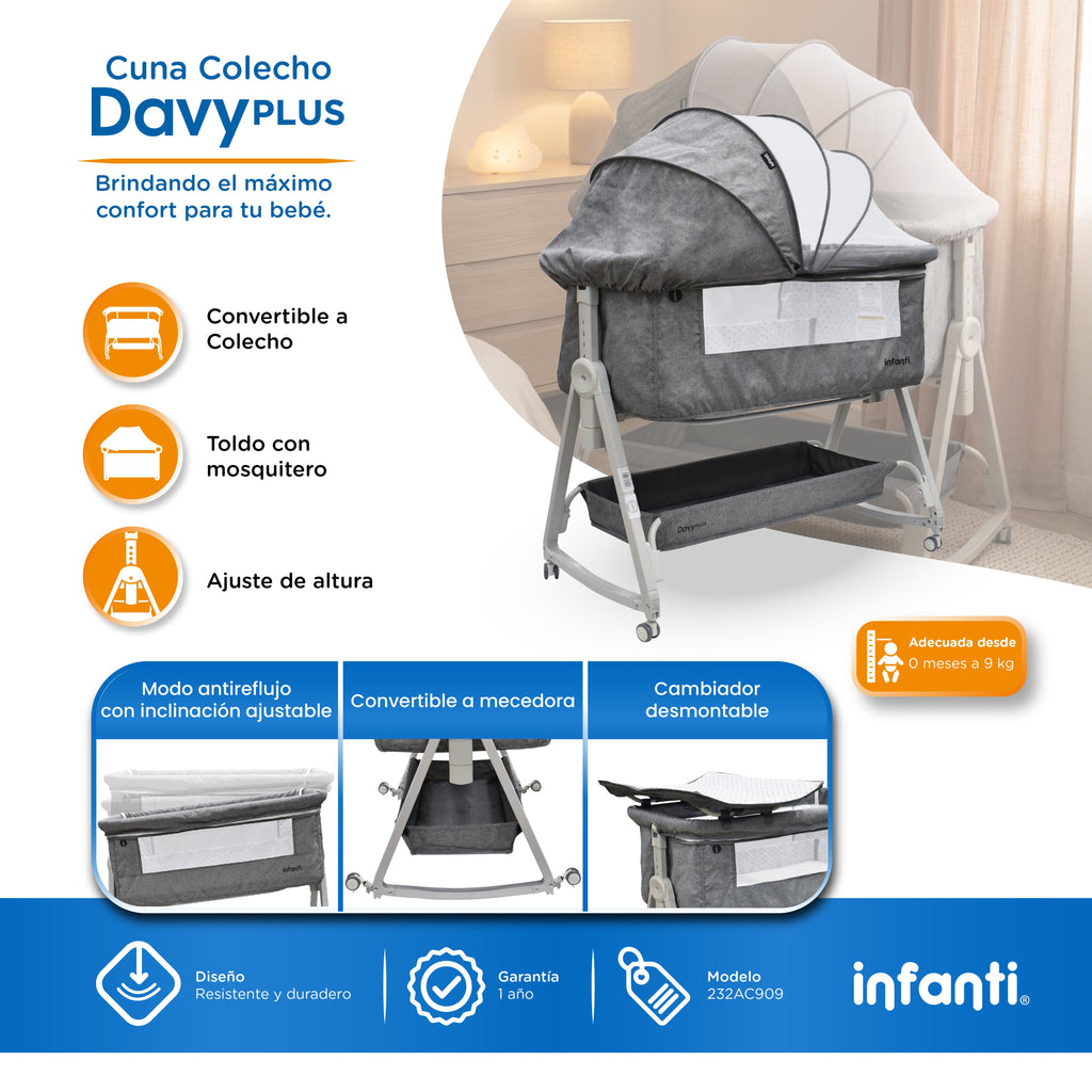 Cuna Corral Davy Plus Gris Con Colecho Lateral y Cambiador Desmontable