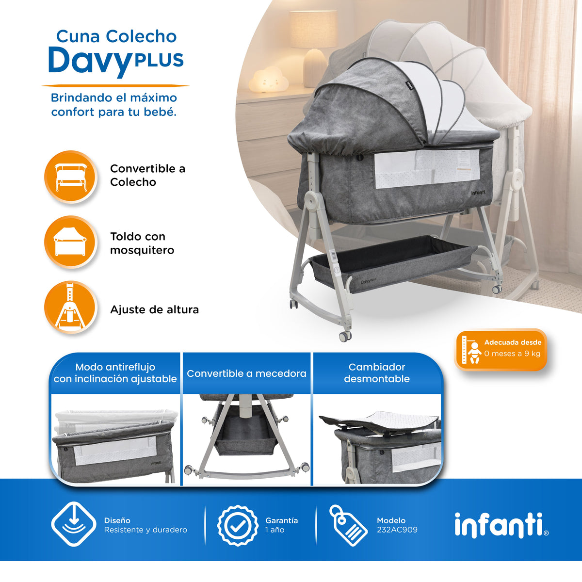 Cuna Corral Davy Plus Gris Con Colecho Lateral y Cambiador Desmontable