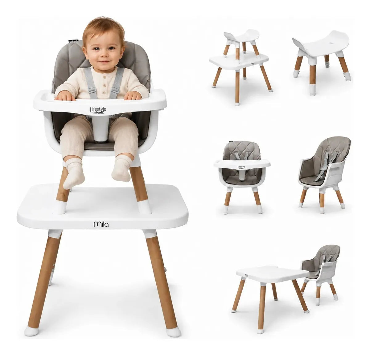 Silla Alta 6 en 1 Mila Beige Con Arnés de 5 Puntos y Charola Ajustable