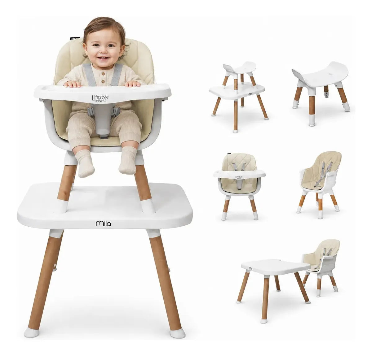 Silla Alta 6 en 1 Mila Beige Con Arnés de 5 Puntos y Charola Ajustable