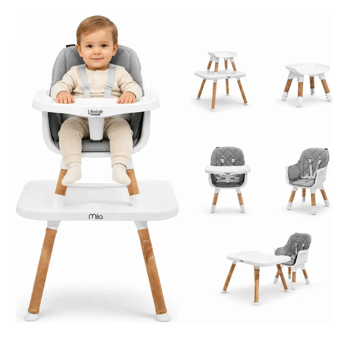 Silla Alta 6 en 1 Mila Beige Con Arnés de 5 Puntos y Charola Ajustable