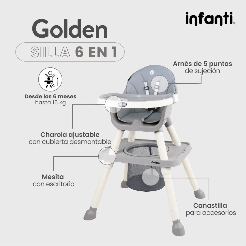 Silla Alta Infanti 6 en 1 Golden Multifuncional Con Charola Y Mesa De Actividades