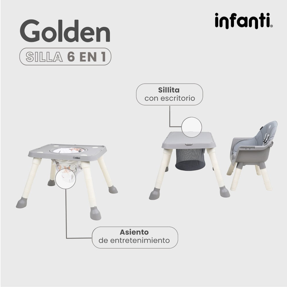 Silla Alta Infanti 6 en 1 Golden Multifuncional Con Charola Y Mesa De Actividades