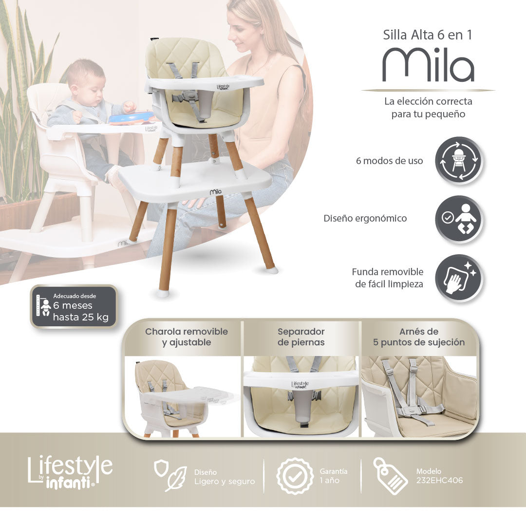 Silla Alta 6 en 1 Mila Beige Con Arnés de 5 Puntos y Charola Ajustable