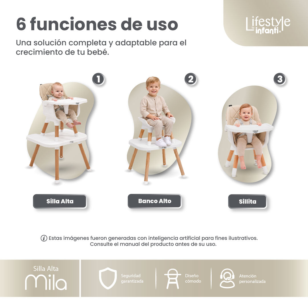 Silla Alta 6 en 1 Mila Beige Con Arnés de 5 Puntos y Charola Ajustable