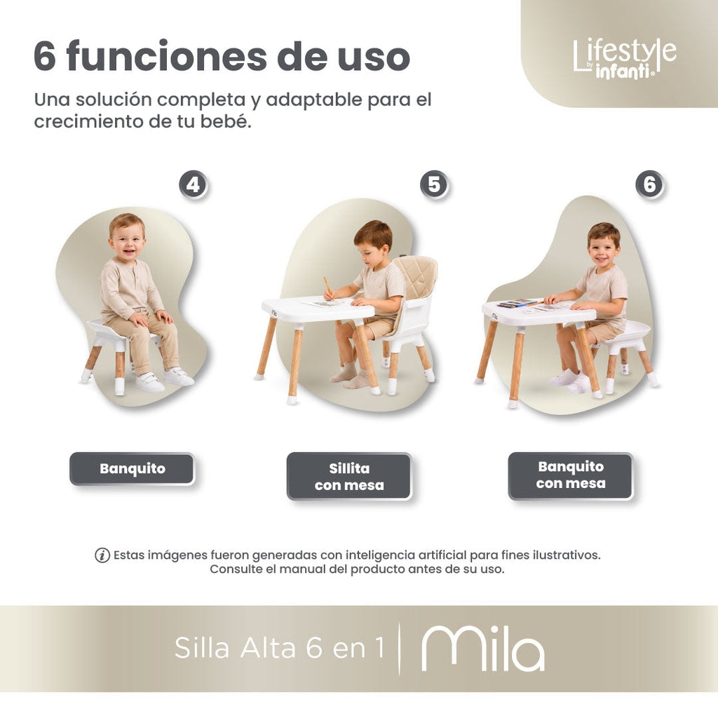 Silla Alta 6 en 1 Mila Beige Con Arnés de 5 Puntos y Charola Ajustable