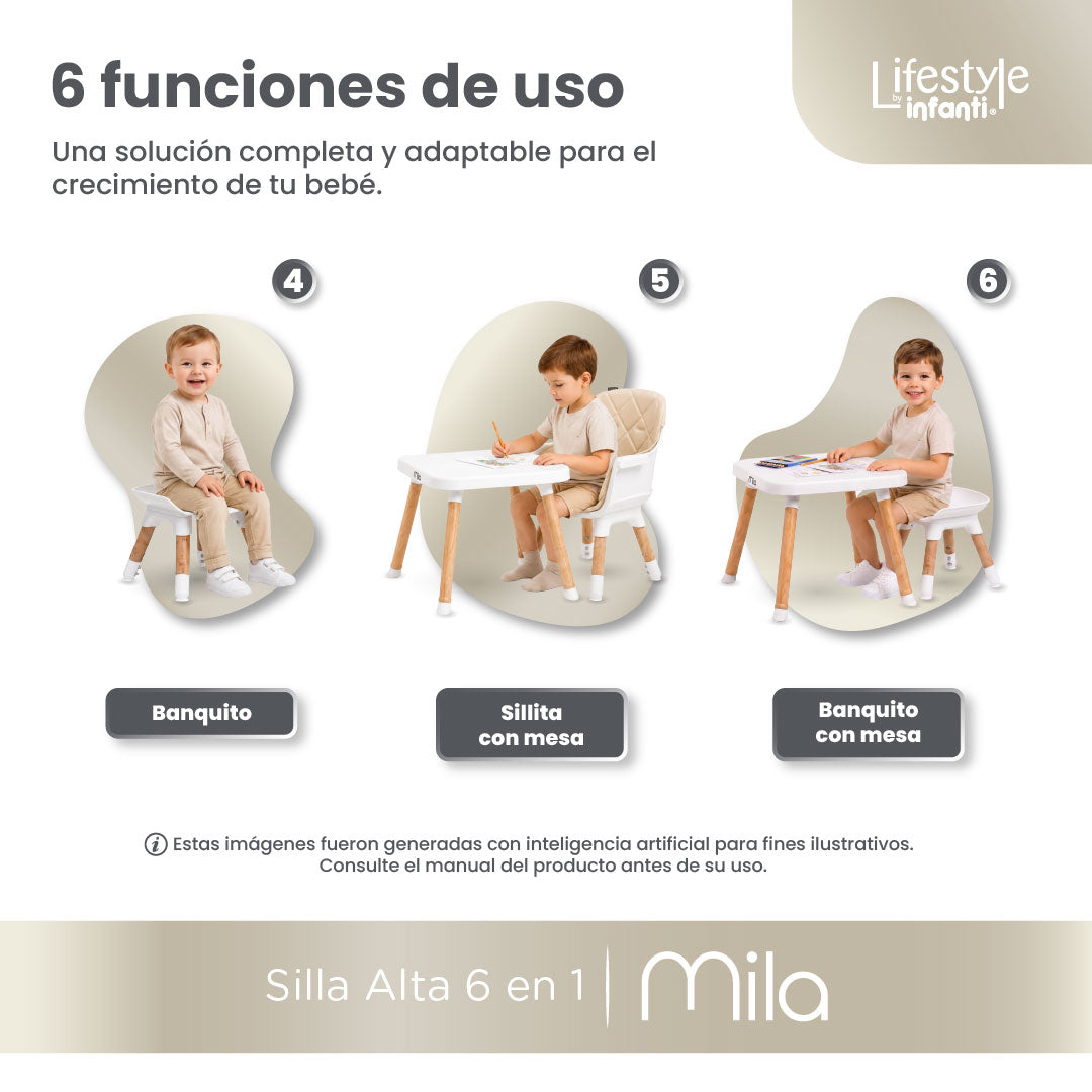 Silla Alta 6 en 1 Mila Beige Con Arnés de 5 Puntos y Charola Ajustable