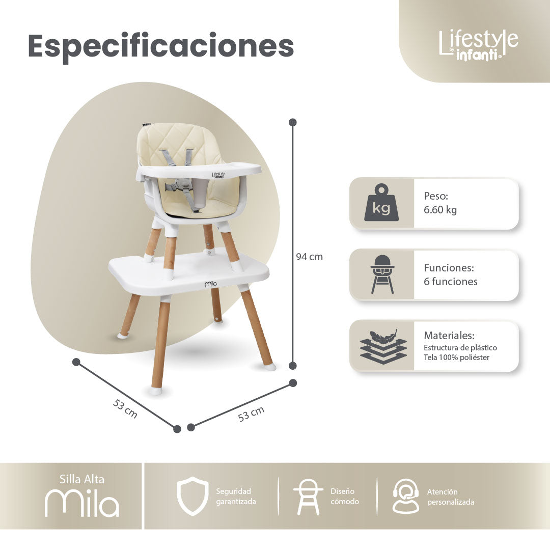 Silla Alta 6 en 1 Mila Beige Con Arnés de 5 Puntos y Charola Ajustable