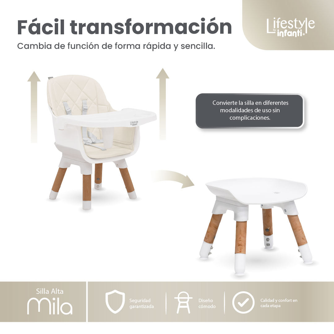 Silla Alta 6 en 1 Mila Beige Con Arnés de 5 Puntos y Charola Ajustable