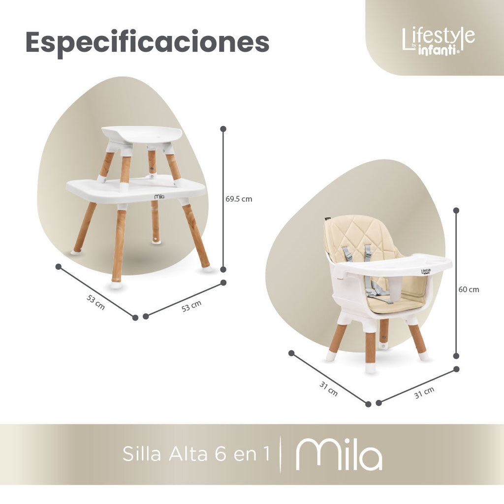 Silla Alta 6 en 1 Mila Beige Con Arnés de 5 Puntos y Charola Ajustable