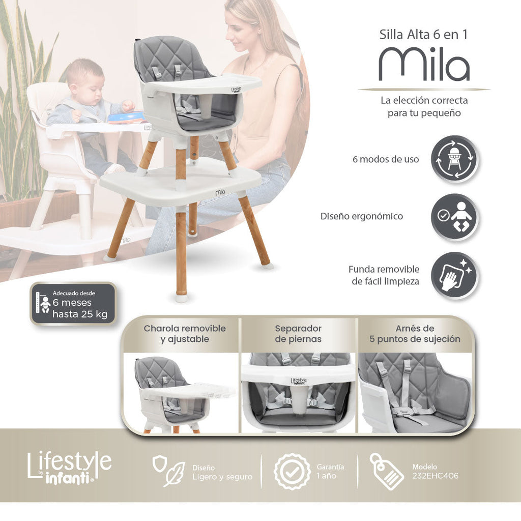 Silla Alta 6 en 1 Mila Beige Con Arnés de 5 Puntos y Charola Ajustable