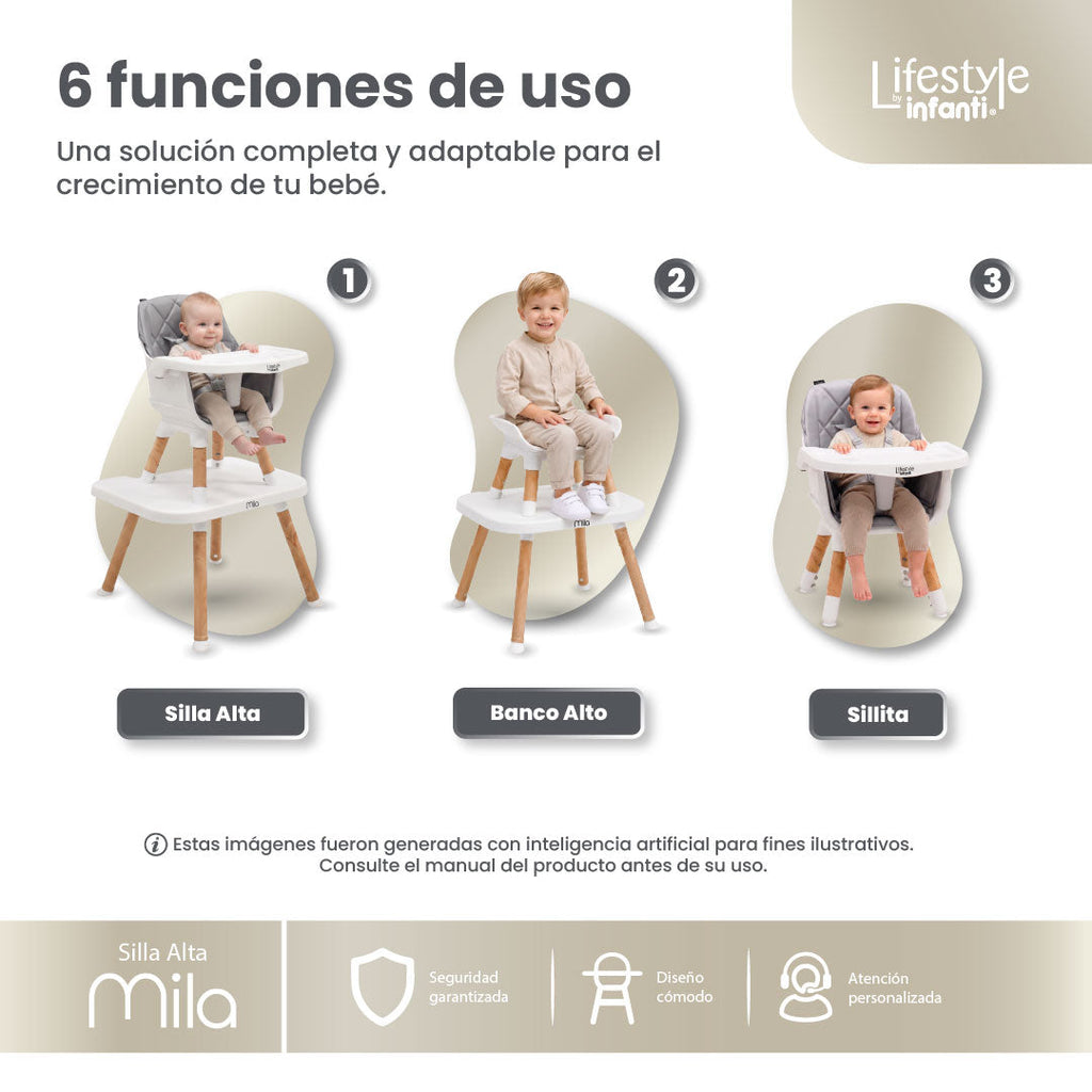 Silla Alta 6 en 1 Mila Beige Con Arnés de 5 Puntos y Charola Ajustable