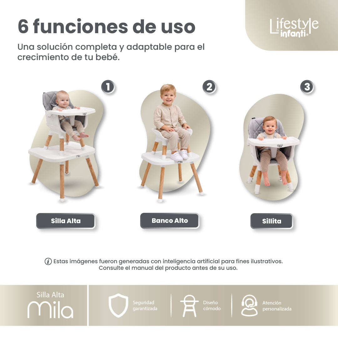 Silla Alta 6 en 1 Mila Beige Con Arnés de 5 Puntos y Charola Ajustable