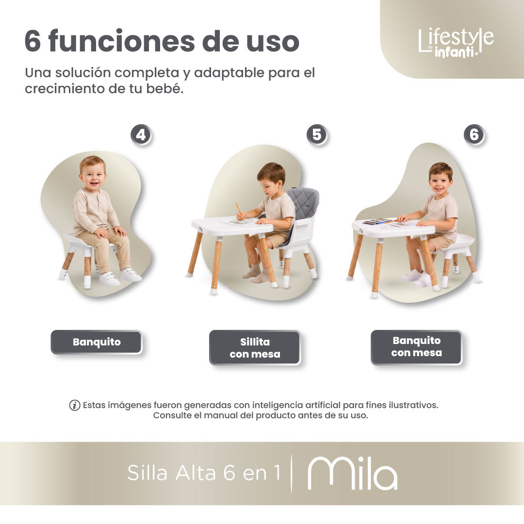 Silla Alta 6 en 1 Mila Beige Con Arnés de 5 Puntos y Charola Ajustable