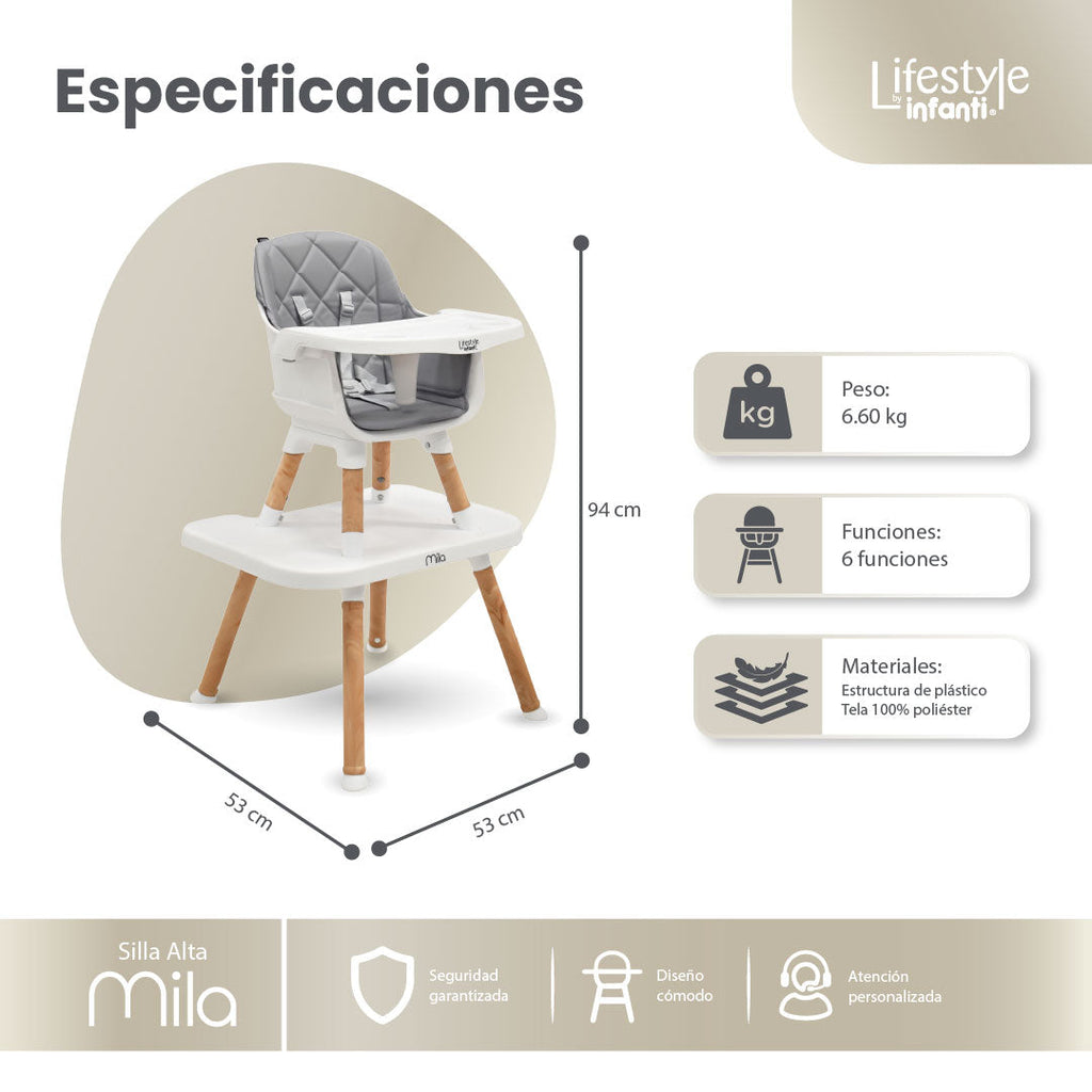 Silla Alta 6 en 1 Mila Beige Con Arnés de 5 Puntos y Charola Ajustable
