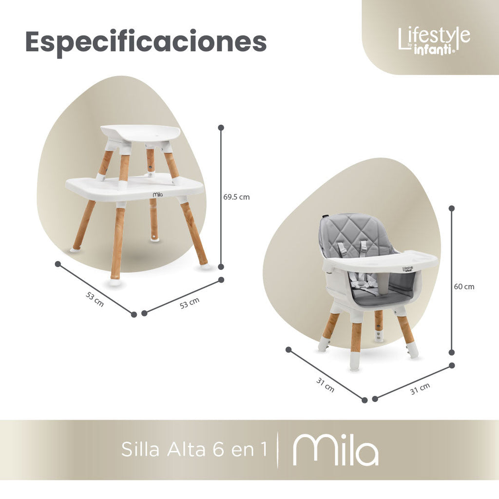 Silla Alta 6 en 1 Mila Beige Con Arnés de 5 Puntos y Charola Ajustable