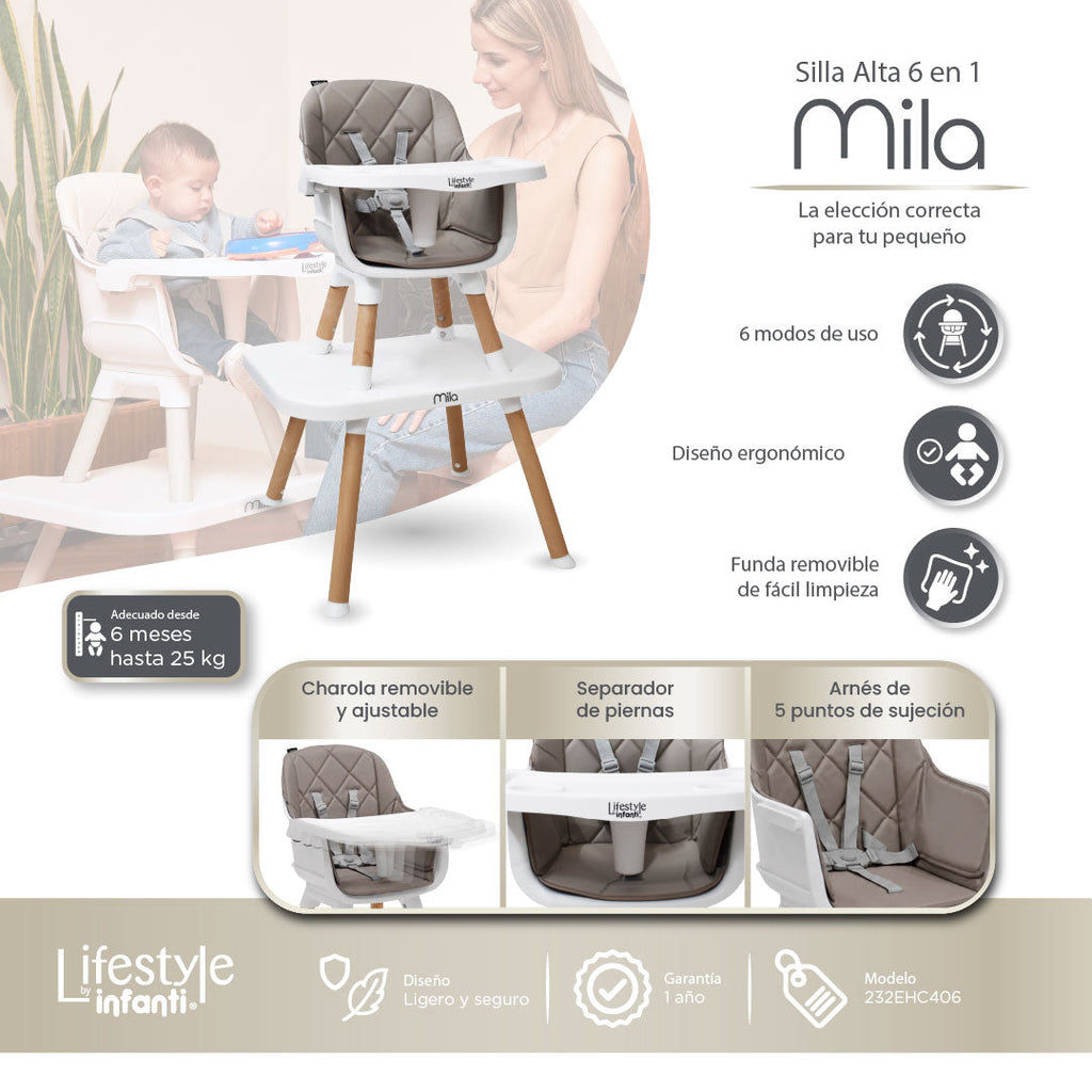 Silla Alta 6 en 1 Mila Beige Con Arnés de 5 Puntos y Charola Ajustable