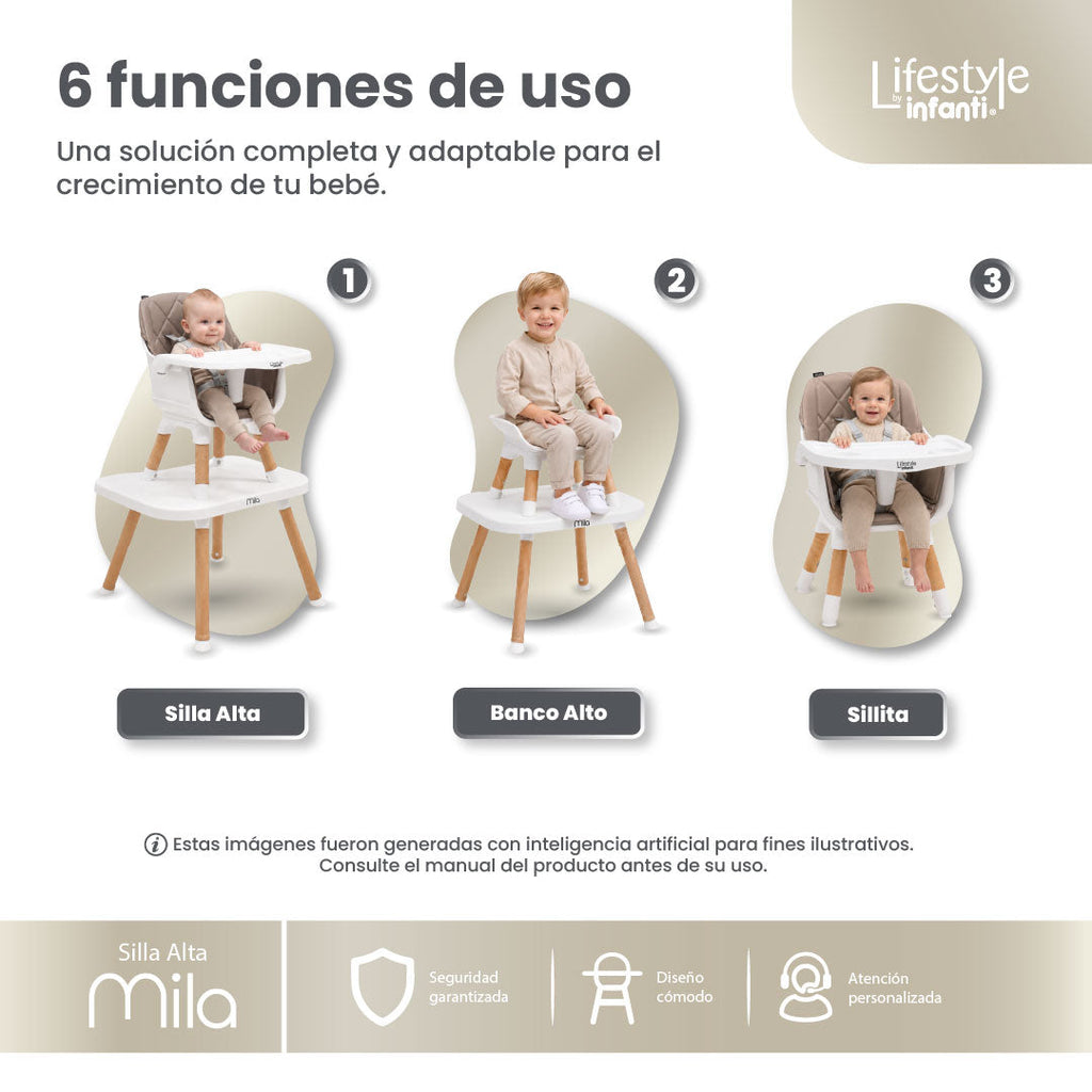 Silla Alta 6 en 1 Mila Beige Con Arnés de 5 Puntos y Charola Ajustable