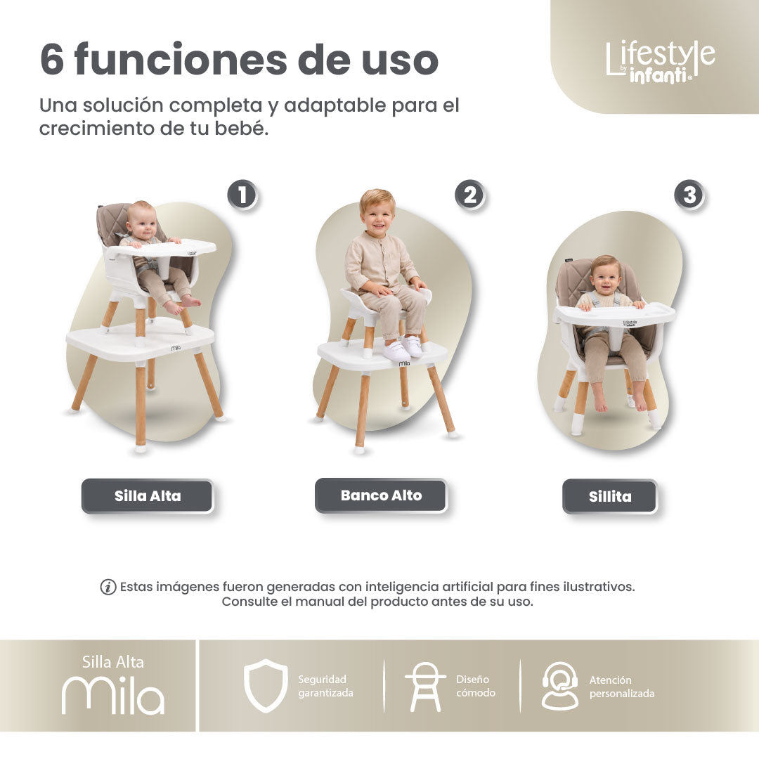 Silla Alta 6 en 1 Mila Beige Con Arnés de 5 Puntos y Charola Ajustable