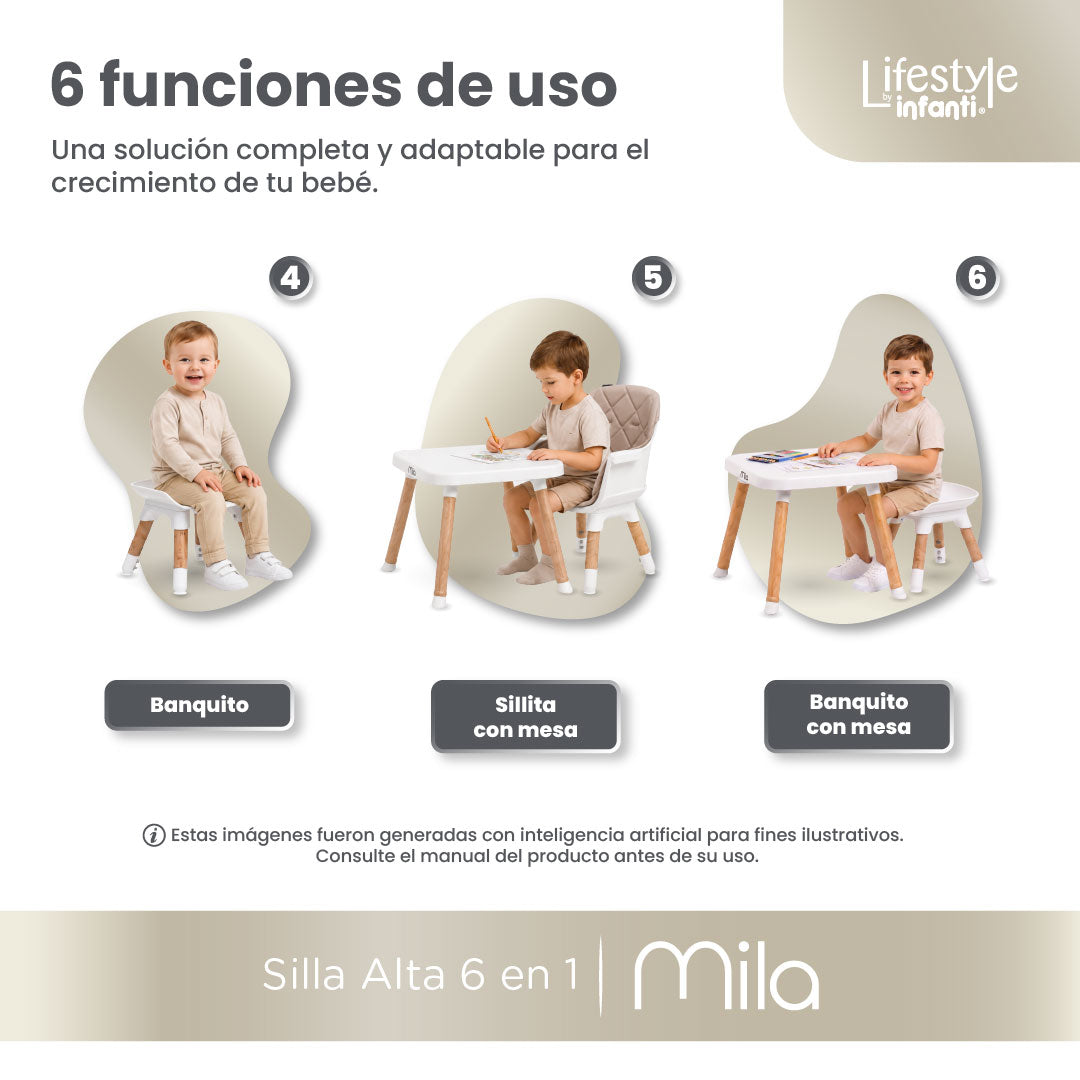 Silla Alta 6 en 1 Mila Beige Con Arnés de 5 Puntos y Charola Ajustable