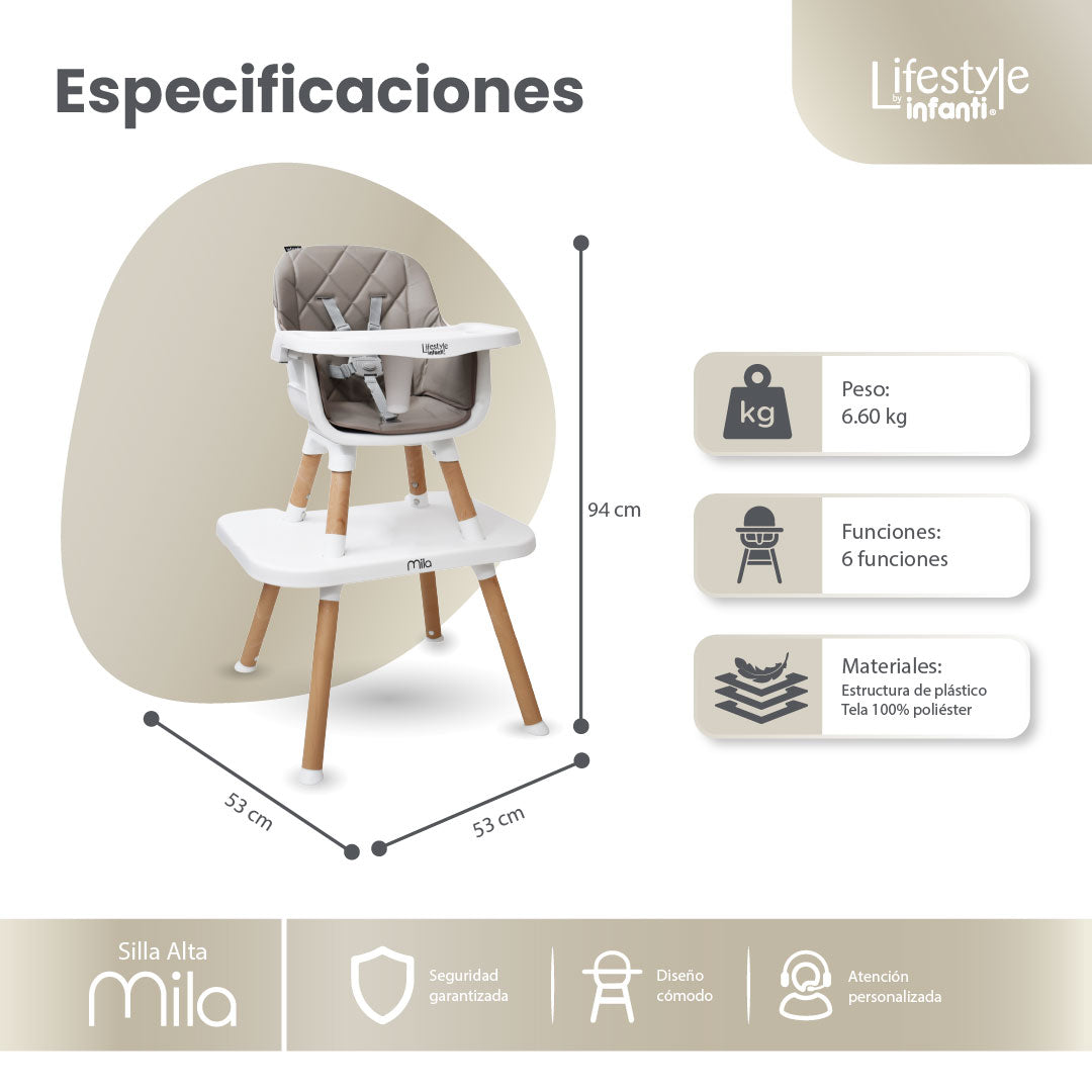 Silla Alta 6 en 1 Mila Beige Con Arnés de 5 Puntos y Charola Ajustable