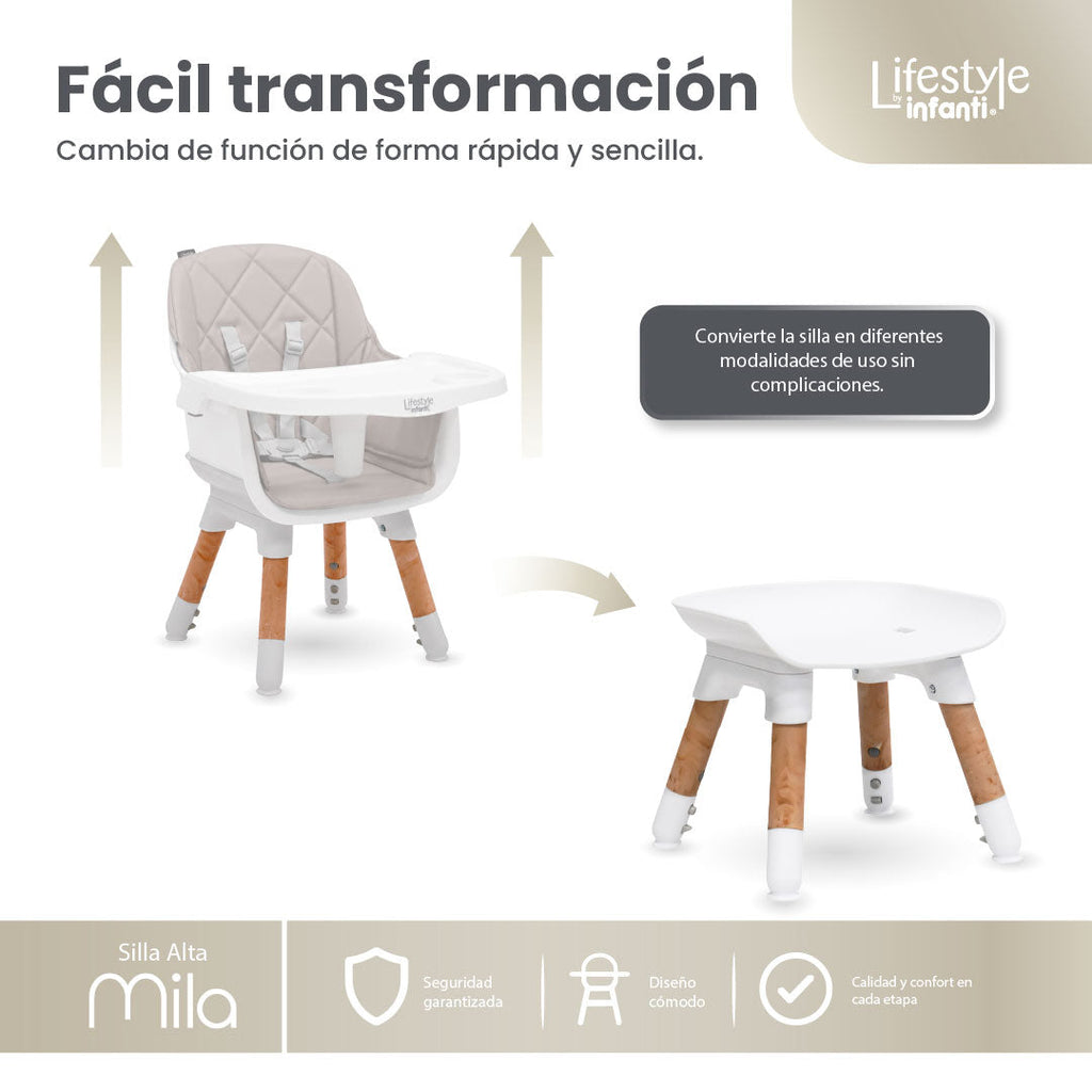 Silla Alta 6 en 1 Mila Beige Con Arnés de 5 Puntos y Charola Ajustable