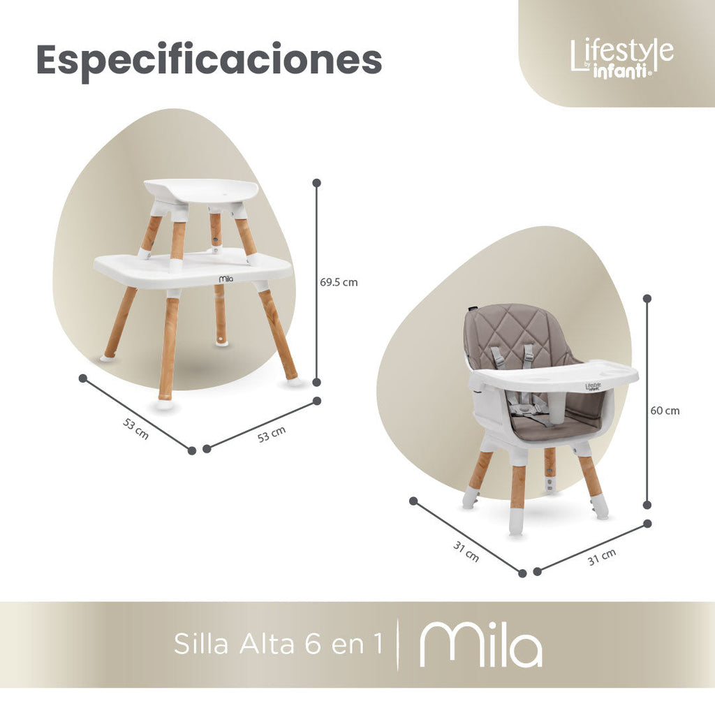 Silla Alta 6 en 1 Mila Beige Con Arnés de 5 Puntos y Charola Ajustable