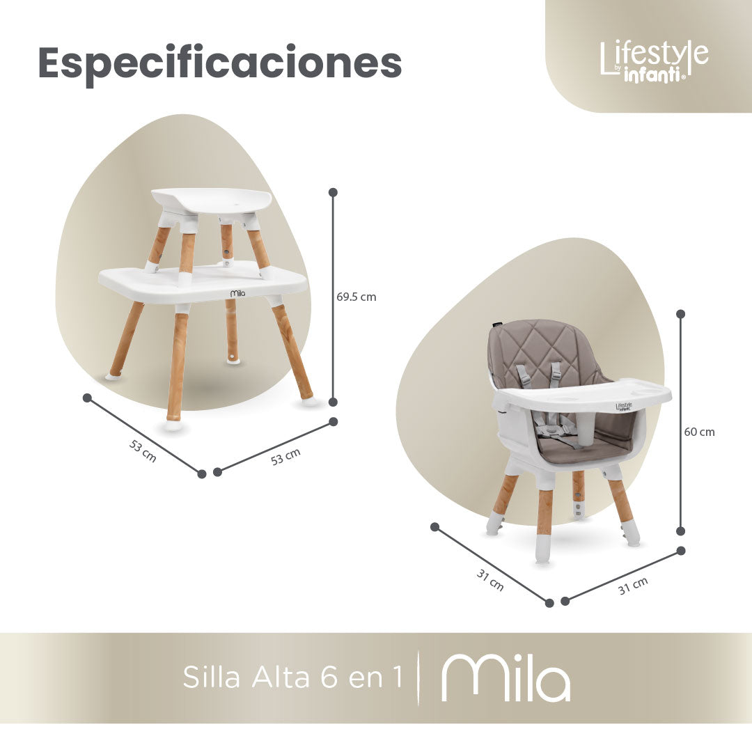 Silla Alta 6 en 1 Mila Beige Con Arnés de 5 Puntos y Charola Ajustable